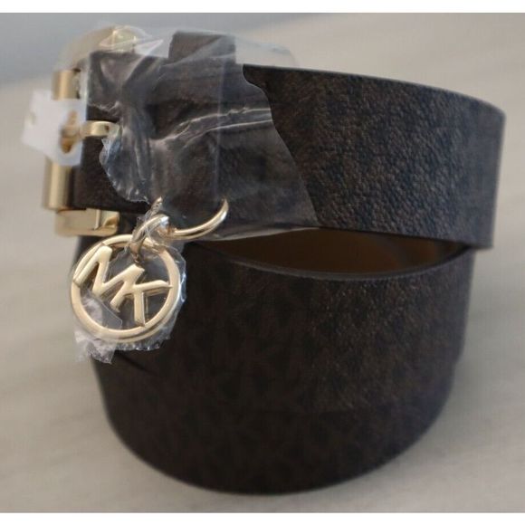 Michael Kors 553559C Women Sz XL Brown "MK" Monogram Print w/Gold Buckle Belt $6 - Picture 2 of 8